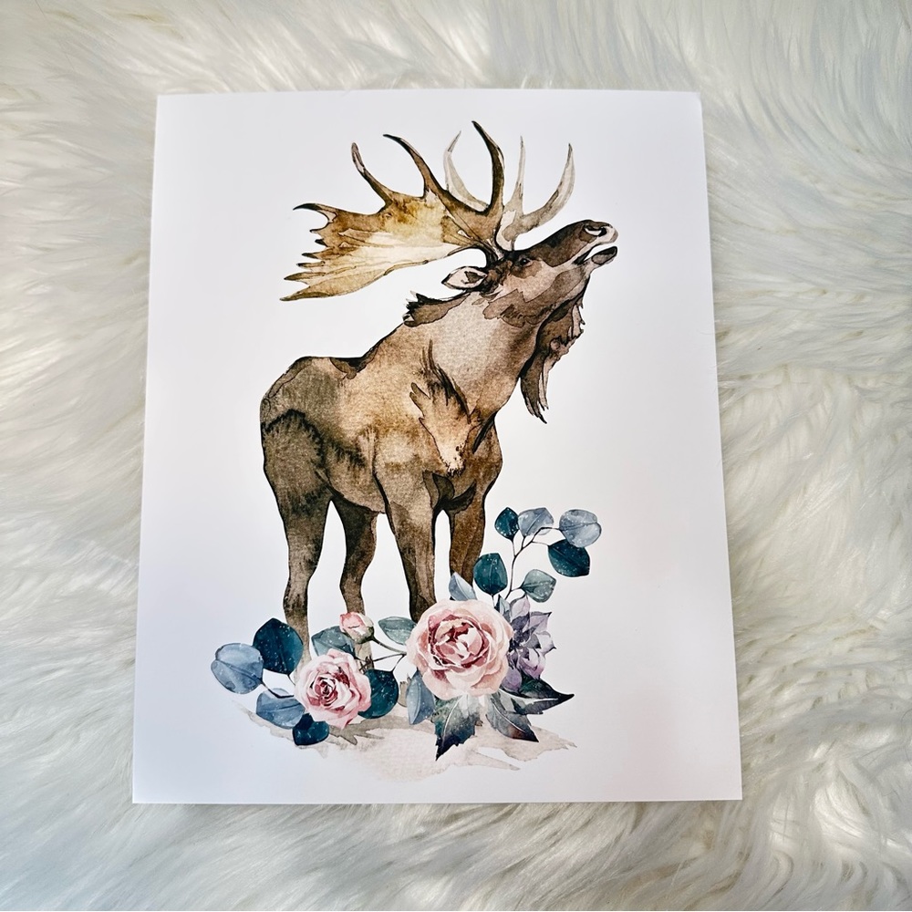 Watercolor Floral Moose Elk Deer Portrait Wall Art Illustration Print Unframed - Picture 13 of 17
